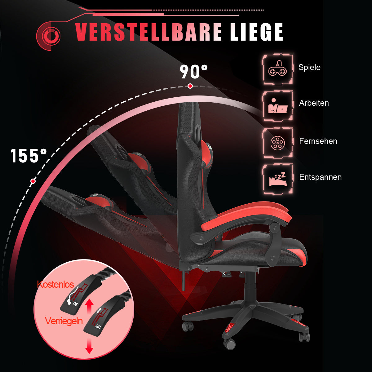 Ergonomisk Spillestol med RGB LED-lys, Tilbagelænet, Nakkestøtte og Lændestøtte Racing Stil