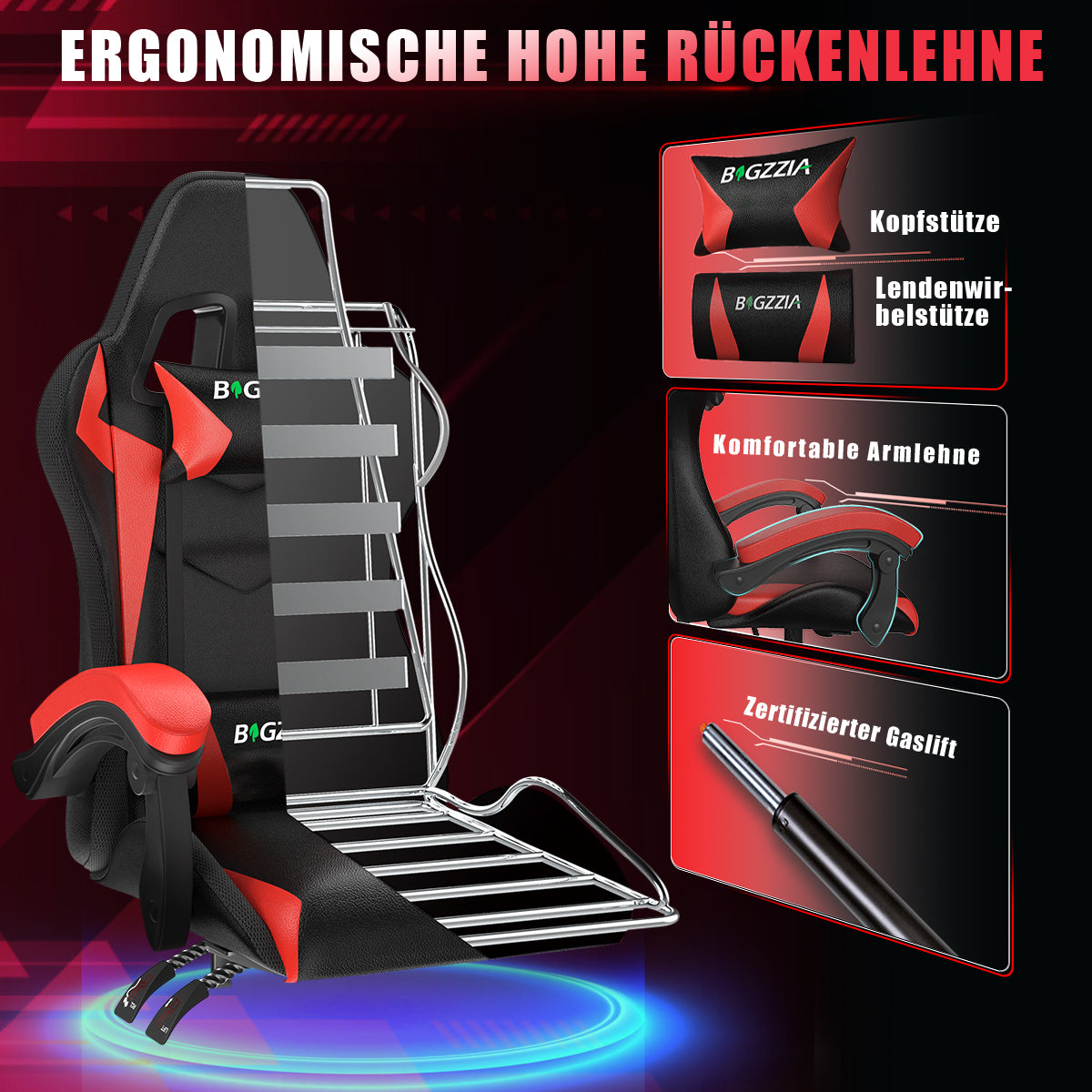 Ergonomisk Spillestol med RGB LED-lys, Tilbagelænet, Nakkestøtte og Lændestøtte Racing Stil