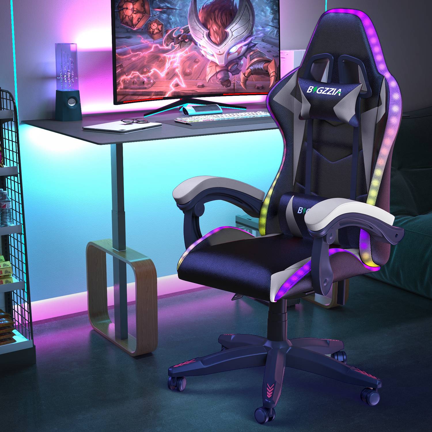 Ergonomisk Spillestol med RGB LED-lys, Tilbagelænet, Nakkestøtte og Lændestøtte Racing Stil