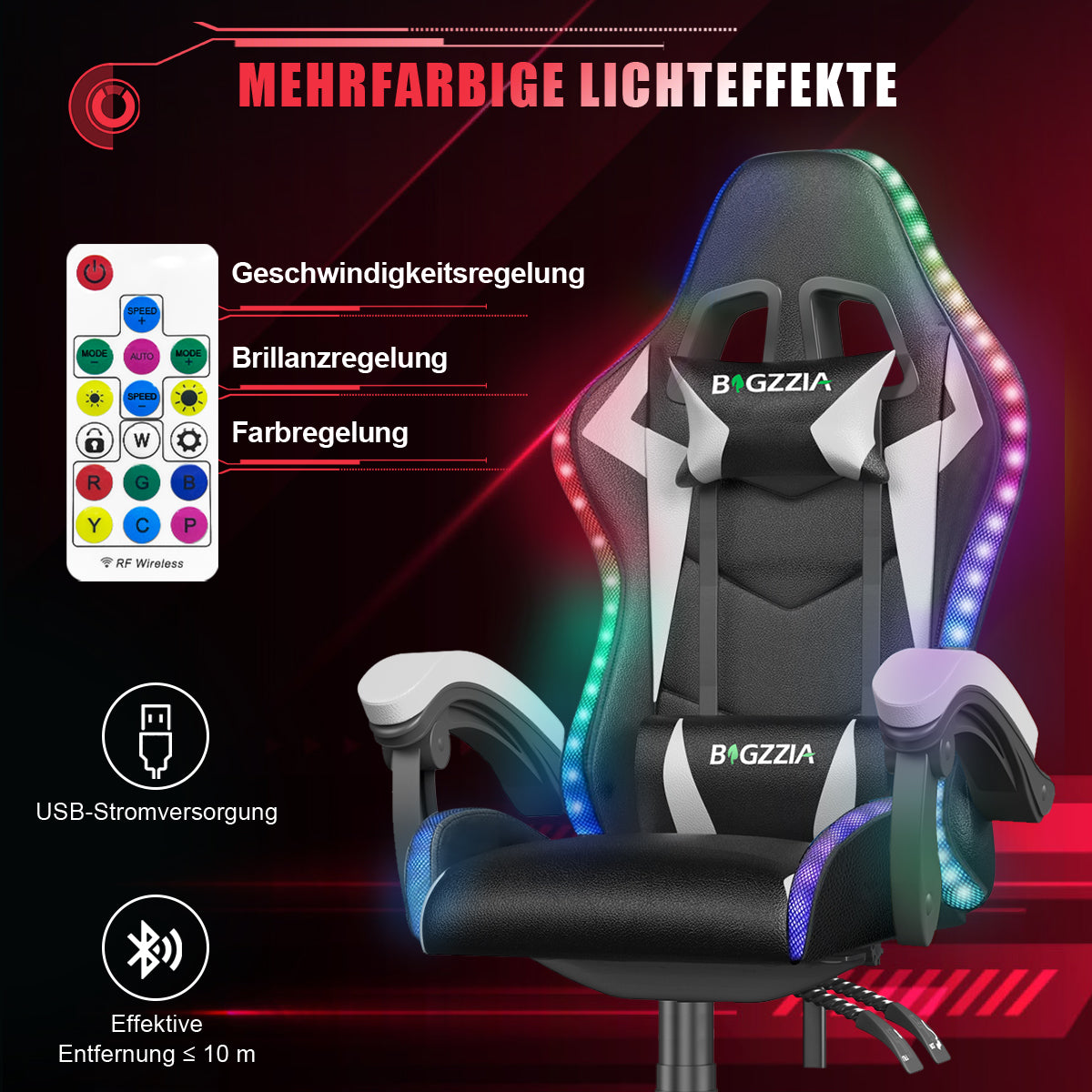 Ergonomisk Spillestol med RGB LED-lys, Tilbagelænet, Nakkestøtte og Lændestøtte Racing Stil