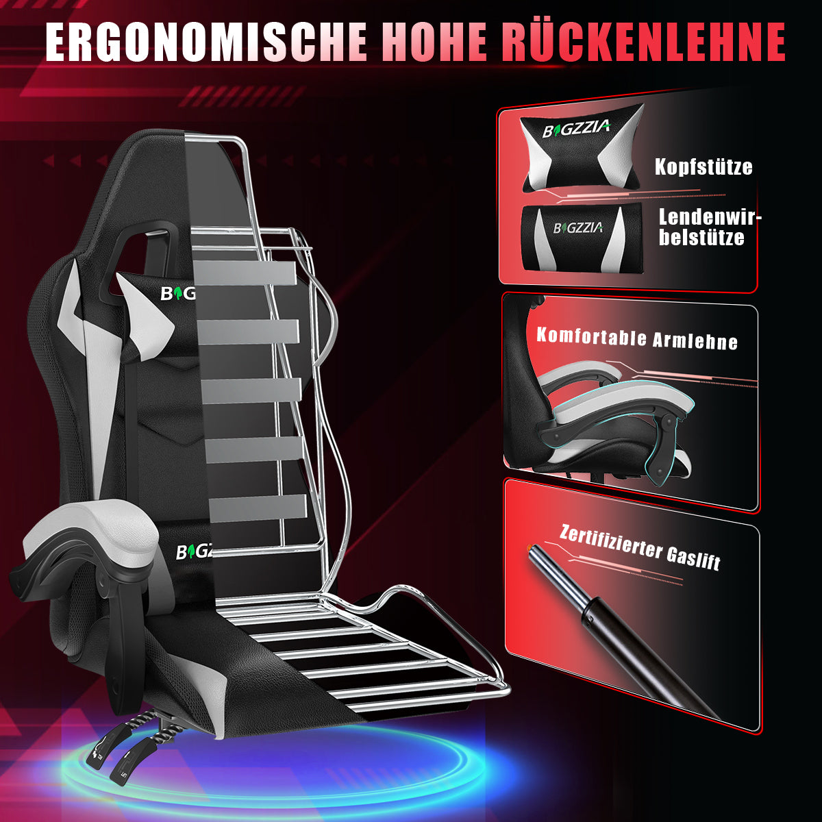 Ergonomisk Spillestol med RGB LED-lys, Tilbagelænet, Nakkestøtte og Lændestøtte Racing Stil