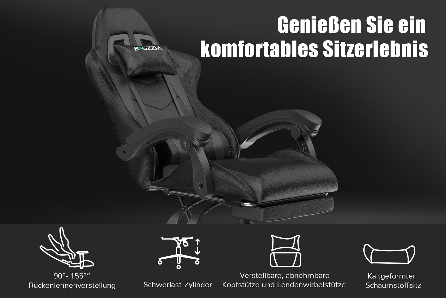 Ergonomischer Gaming Stuhl 155° Reclining Drehstuhl mit Kopfstütze, Lendenwirbelstütze PU Leder Bürostuhl