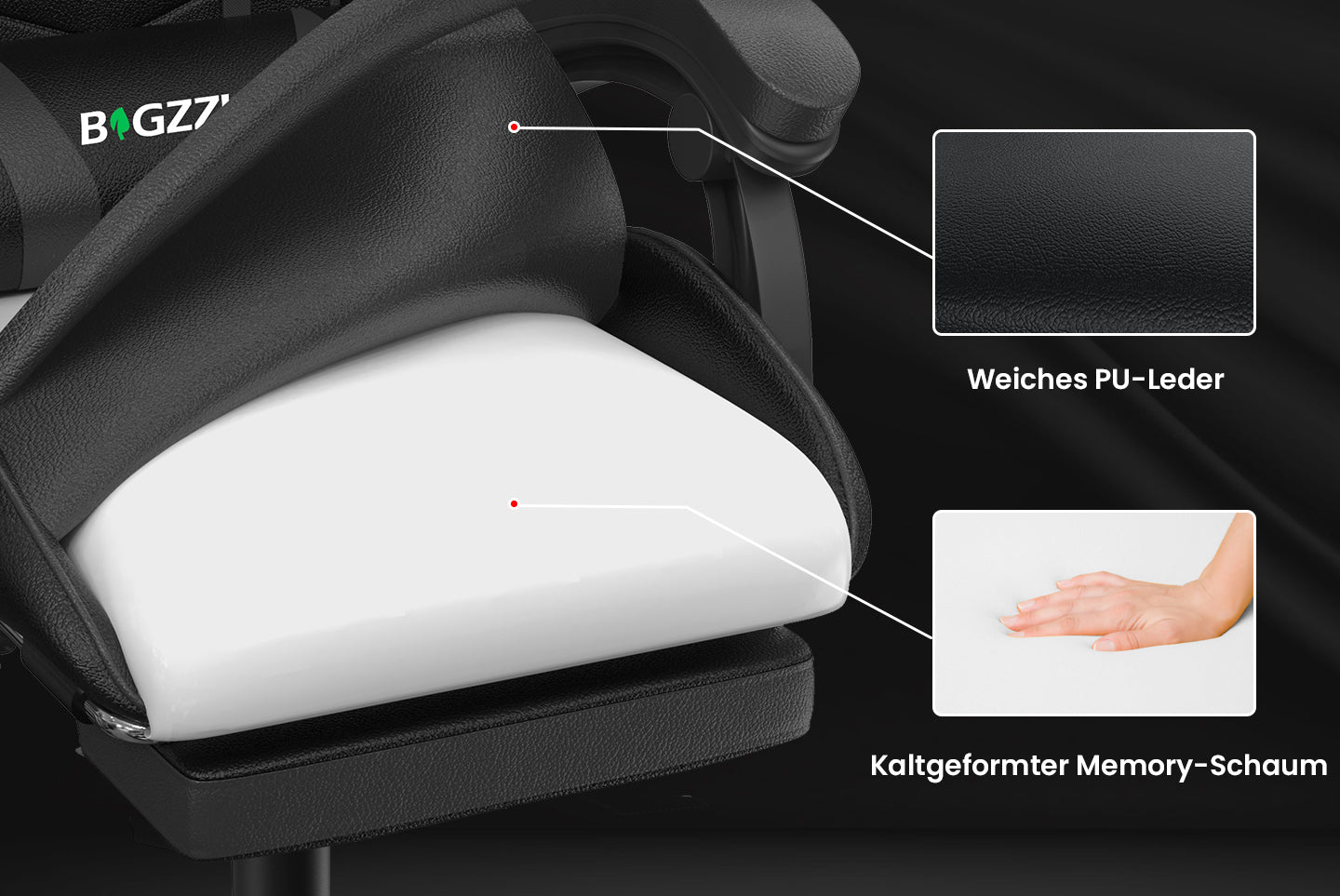 Ergonomischer Gaming Stuhl 155° Reclining Drehstuhl mit Kopfstütze, Lendenwirbelstütze PU Leder Bürostuhl