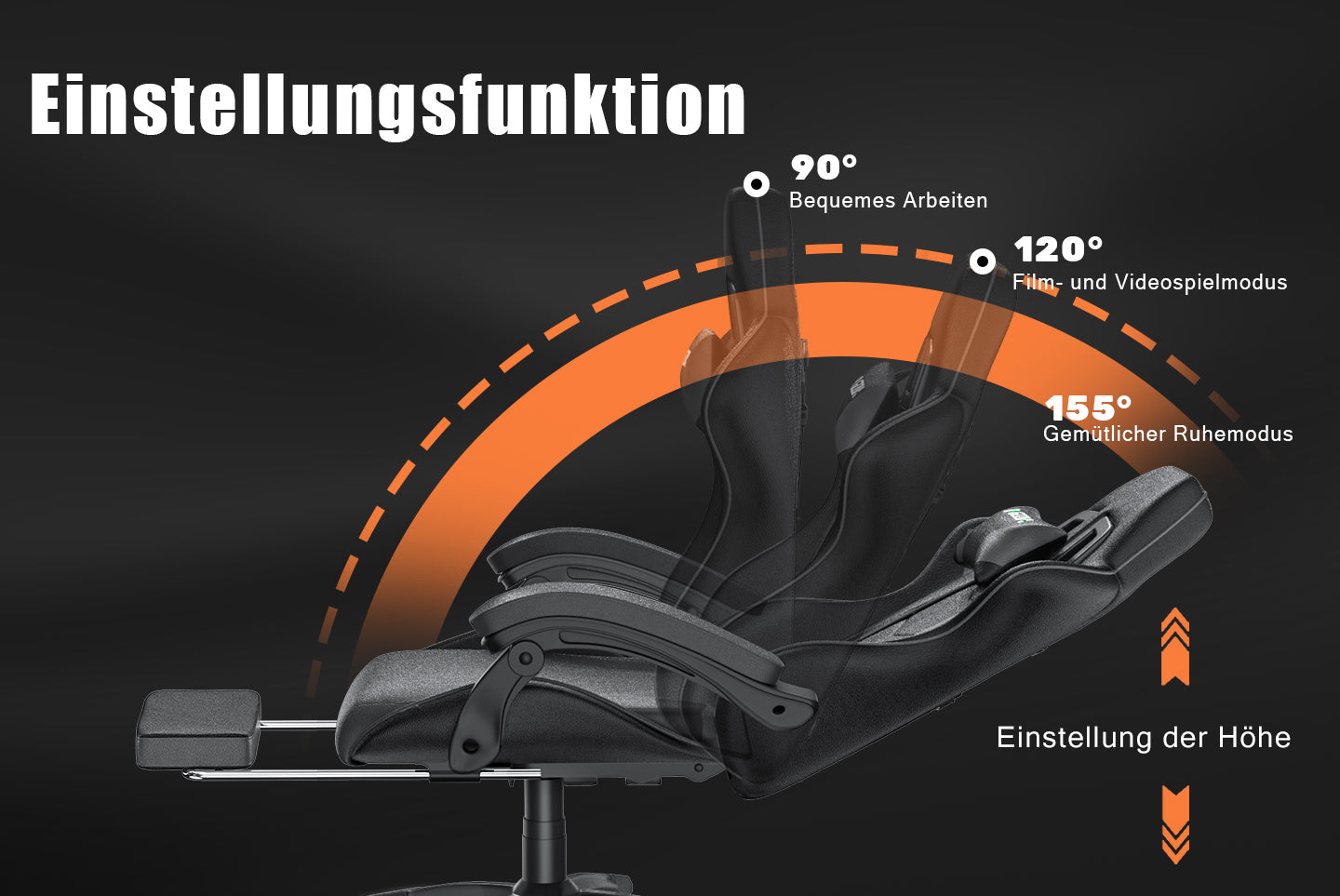 Ergonomischer Gaming Stuhl 155° Reclining Drehstuhl mit Kopfstütze, Lendenwirbelstütze PU Leder Bürostuhl