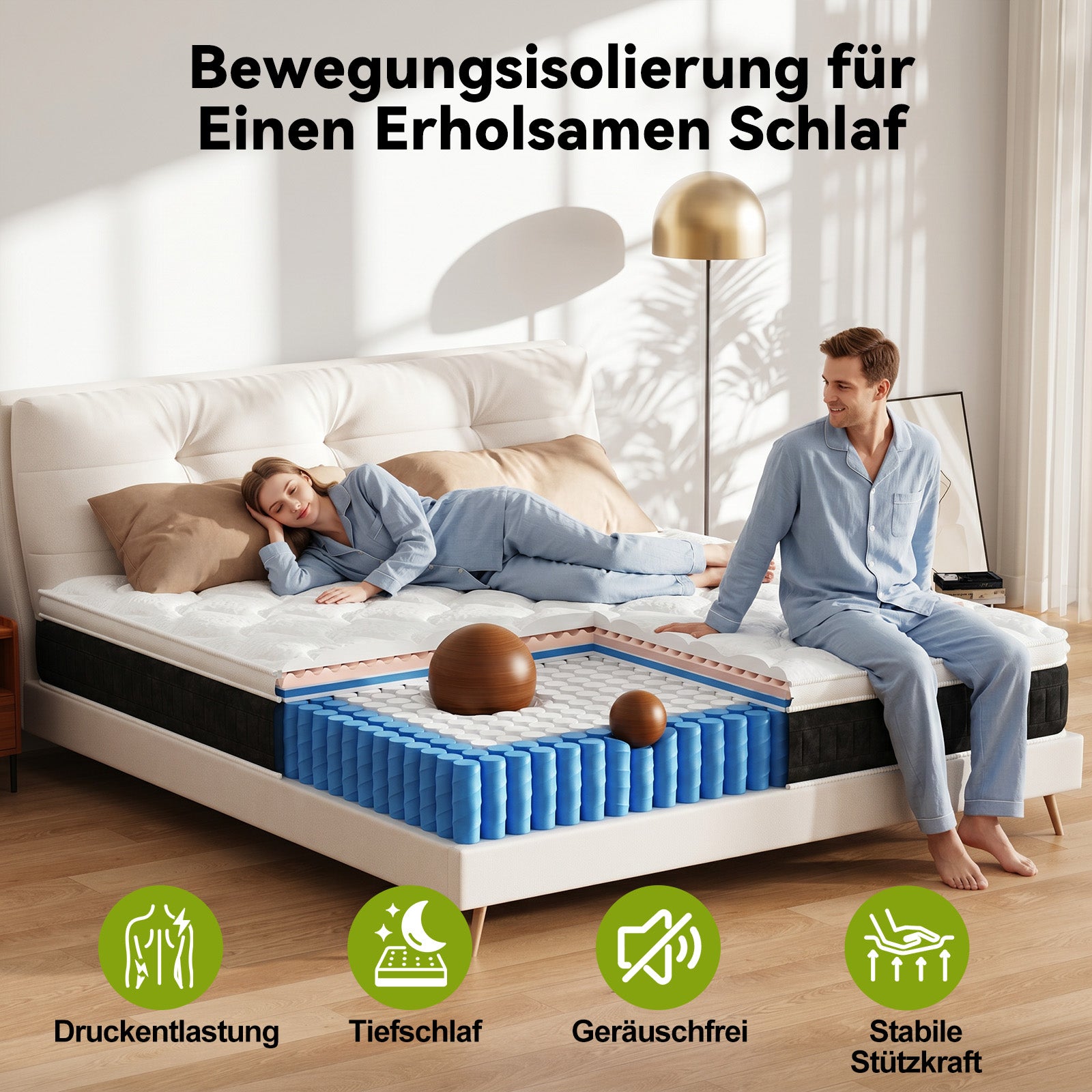 Taschenfederkern-Matratze mit Memory-Schaum, 25 cm dicke Hybridmatratzen, mittlerer Härtegrad, Kantenstützung