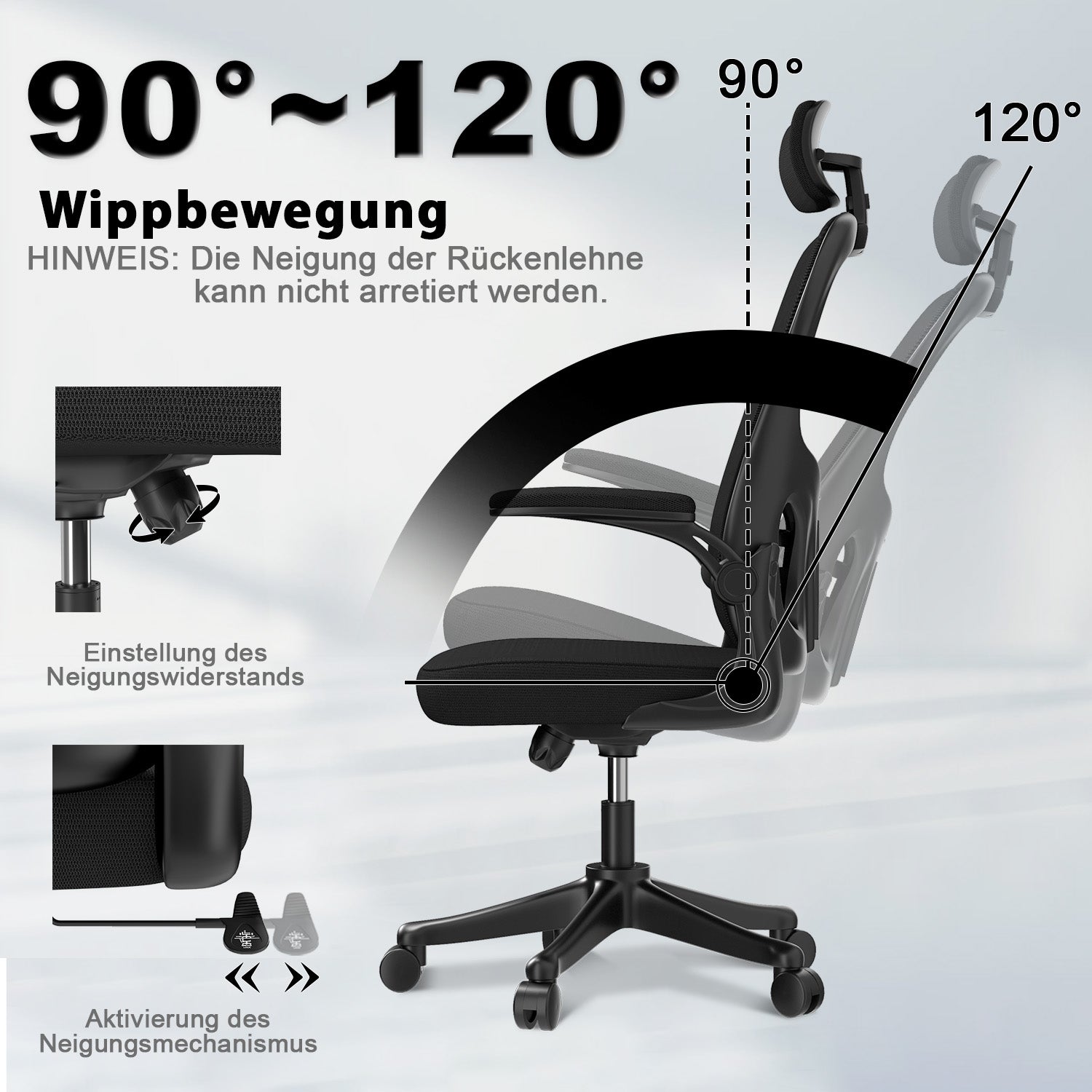 Bürostuhl Ergonomischer Schreibtischstuhl, Drehstuhl mit Verstellbarer Lordosenstütze, Kopfstütze und Armlehne, Rückenschonend, Bis 150kg