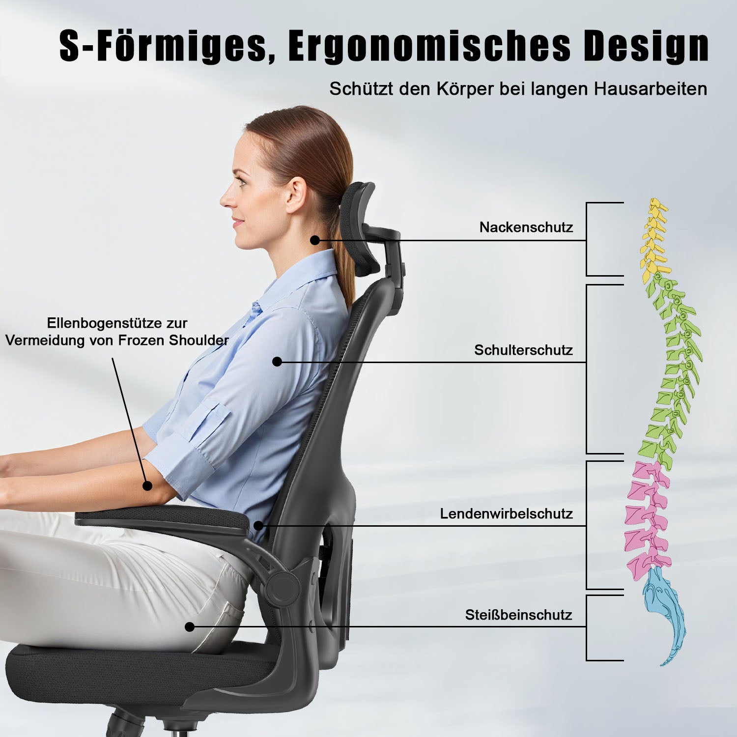 Bürostuhl Ergonomischer Schreibtischstuhl, Drehstuhl mit Verstellbarer Lordosenstütze, Kopfstütze und Armlehne, Rückenschonend, Bis 150kg