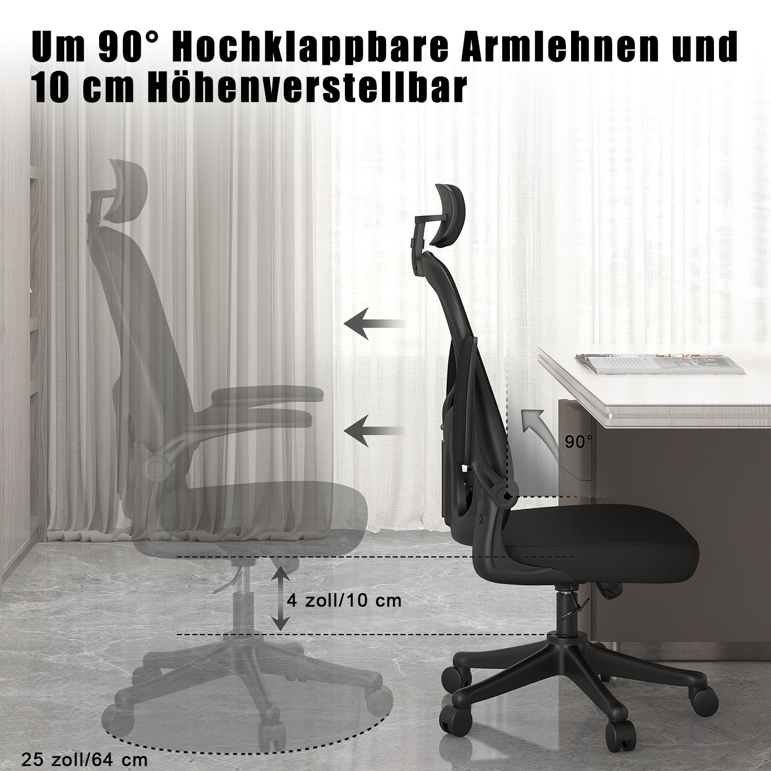 Bürostuhl Ergonomischer Schreibtischstuhl, Drehstuhl mit Verstellbarer Lordosenstütze, Kopfstütze und Armlehne, Rückenschonend, Bis 150kg