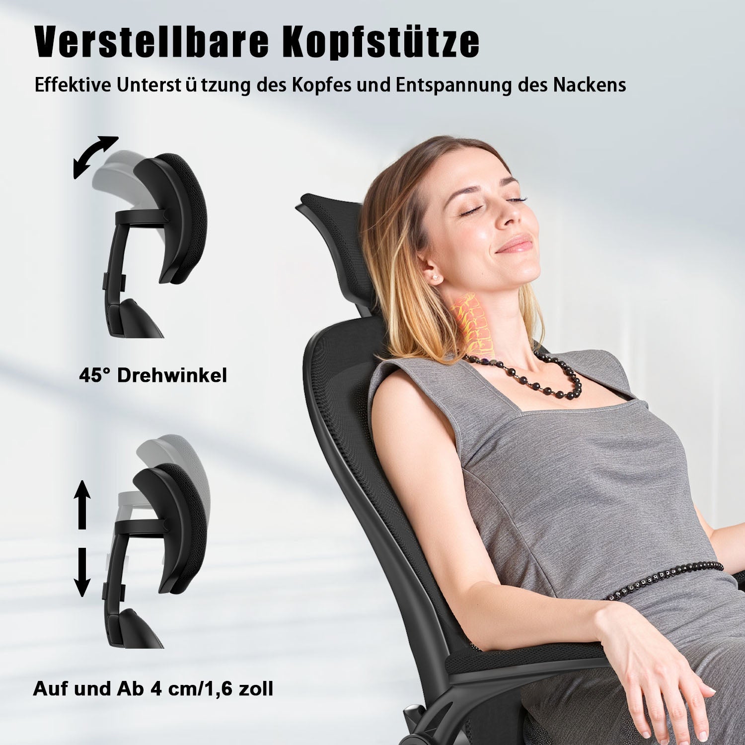 Bürostuhl Ergonomischer Schreibtischstuhl, Drehstuhl mit Verstellbarer Lordosenstütze, Kopfstütze und Armlehne, Rückenschonend, Bis 150kg