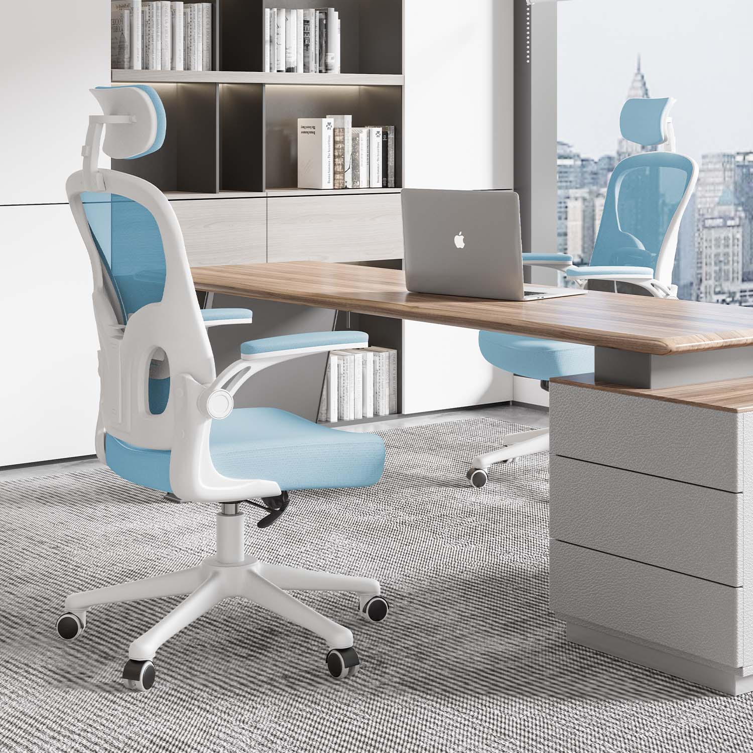 Bürostuhl Ergonomischer Schreibtischstuhl, Drehstuhl mit Verstellbarer Lordosenstütze, Kopfstütze und Armlehne, Rückenschonend, Bis 150kg