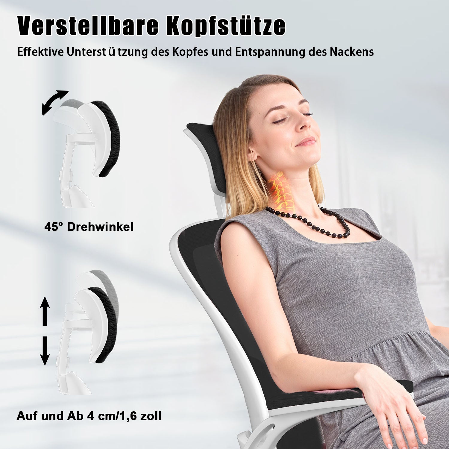 Bürostuhl Ergonomischer Schreibtischstuhl, Drehstuhl mit Verstellbarer Lordosenstütze, Kopfstütze und Armlehne, Rückenschonend, Bis 150kg