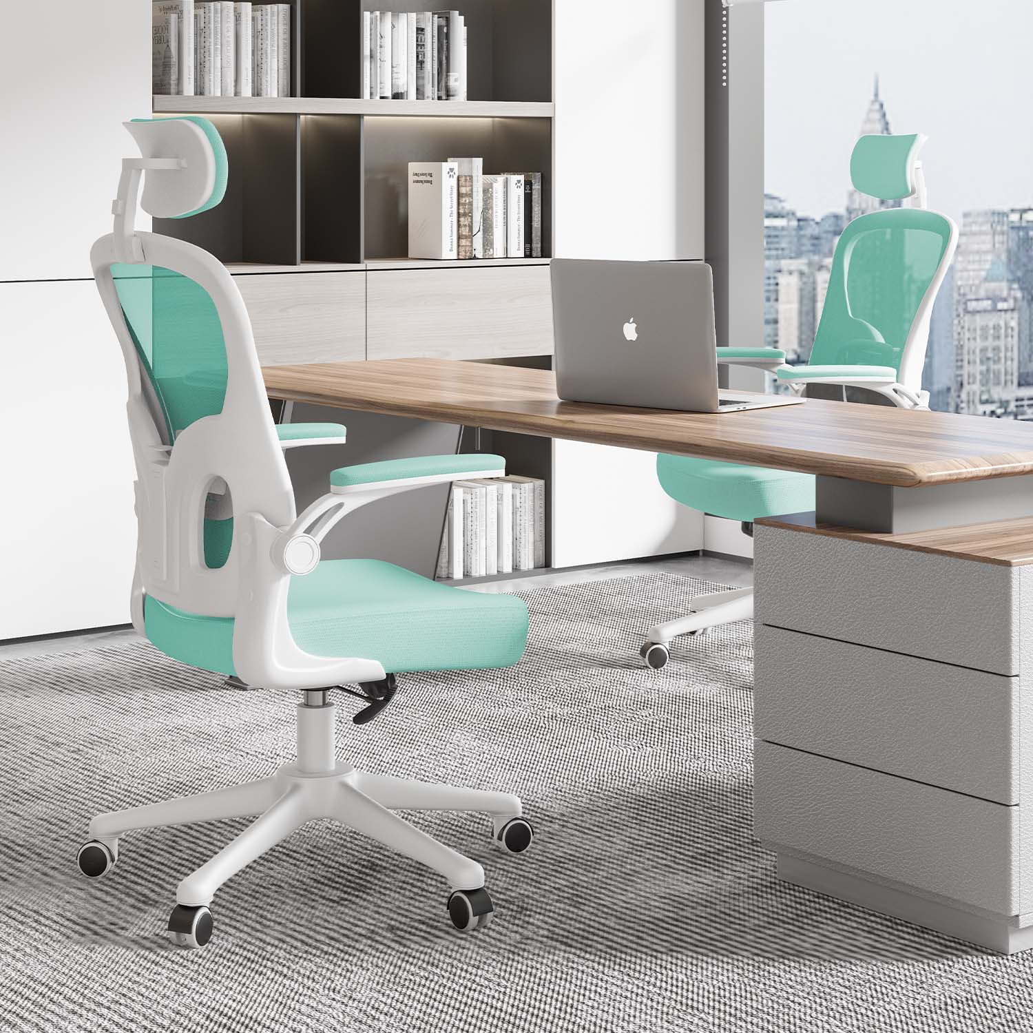 Bürostuhl Ergonomischer Schreibtischstuhl, Drehstuhl mit Verstellbarer Lordosenstütze, Kopfstütze und Armlehne, Rückenschonend, Bis 150kg