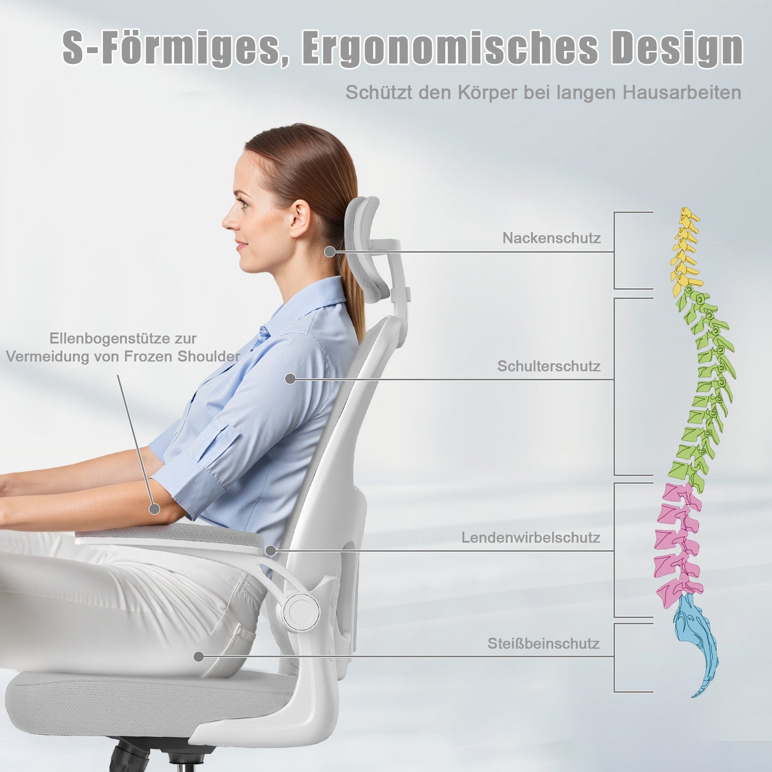 Bürostuhl Ergonomischer Schreibtischstuhl, Drehstuhl mit Verstellbarer Lordosenstütze, Kopfstütze und Armlehne, Rückenschonend, Bis 150kg