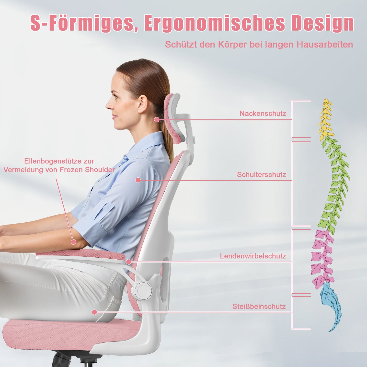 Bürostuhl Ergonomischer Schreibtischstuhl, Drehstuhl mit Verstellbarer Lordosenstütze, Kopfstütze und Armlehne, Rückenschonend, Bis 150kg