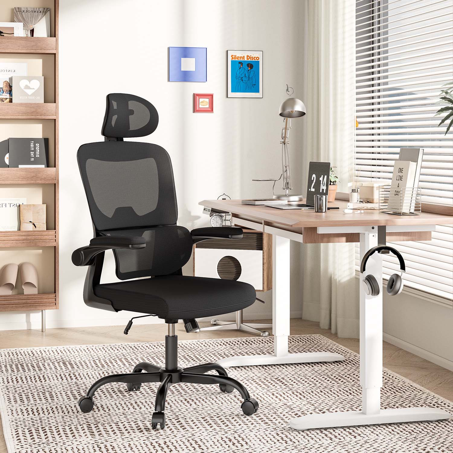 Bürostuhl Ergonomischer Schreibtischstuhl, Drehstuhl mit Verstellbarer Lordosenstütze, Kopfstütze und Armlehne, Rückenschonend, Bis 150kg