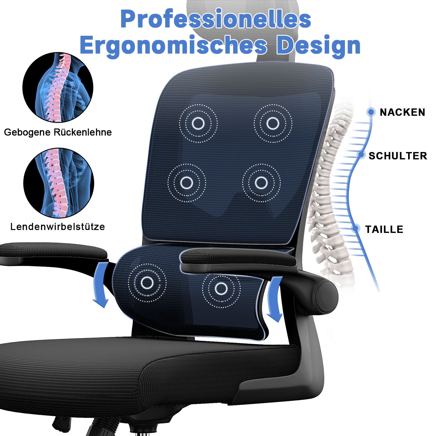 Bürostuhl Ergonomischer Schreibtischstuhl, Drehstuhl mit Verstellbarer Lordosenstütze, Kopfstütze und Armlehne, Rückenschonend, Bis 150kg