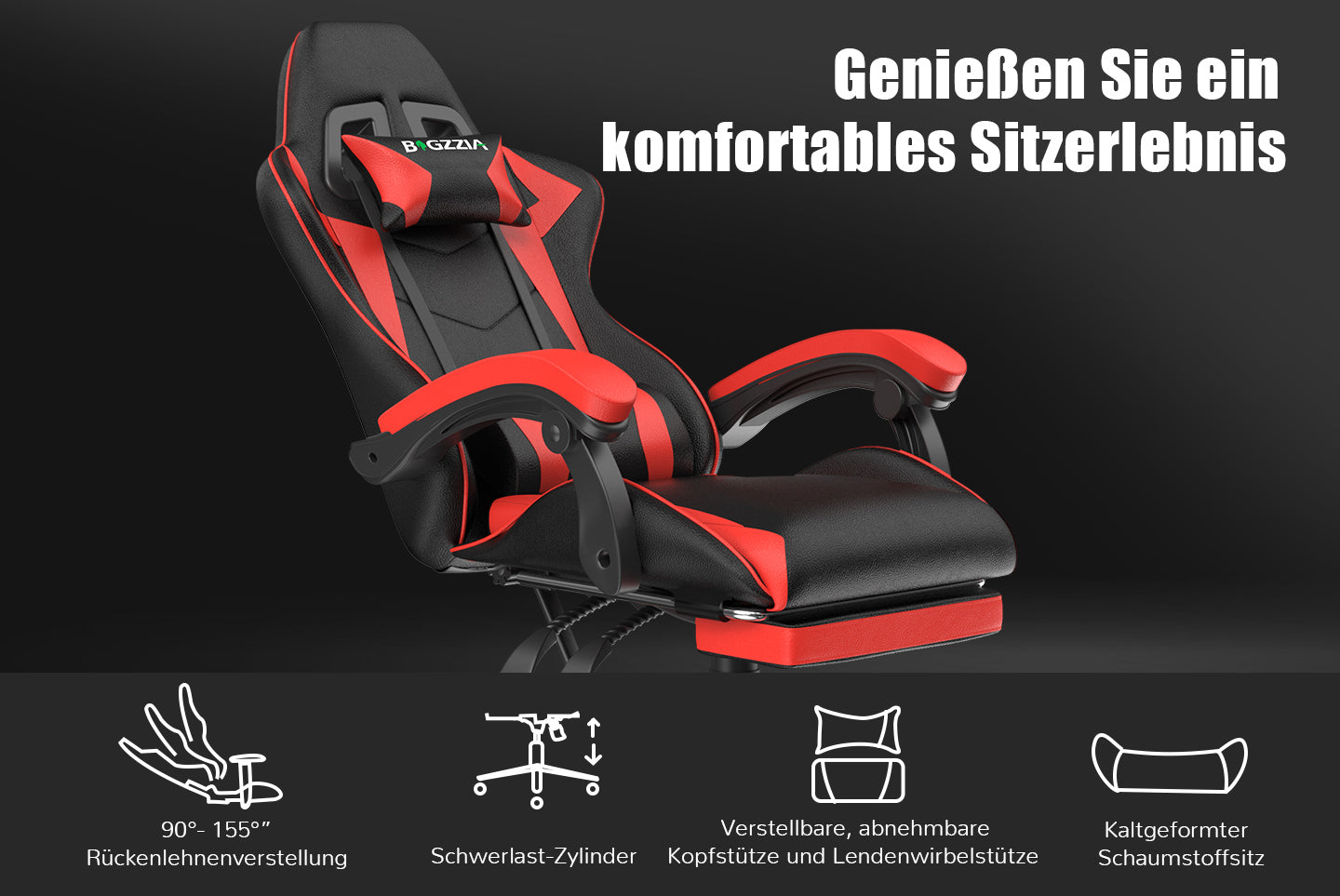 Ergonomischer Gaming Stuhl 155° Reclining Drehstuhl mit Kopfstütze, Lendenwirbelstütze PU Leder Bürostuhl