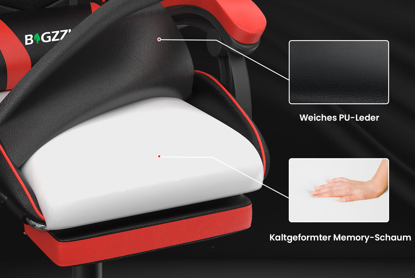Ergonomischer Gaming Stuhl 155° Reclining Drehstuhl mit Kopfstütze, Lendenwirbelstütze PU Leder Bürostuhl