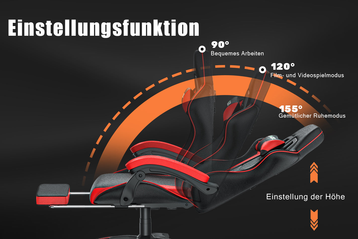 Ergonomischer Gaming Stuhl 155° Reclining Drehstuhl mit Kopfstütze, Lendenwirbelstütze PU Leder Bürostuhl