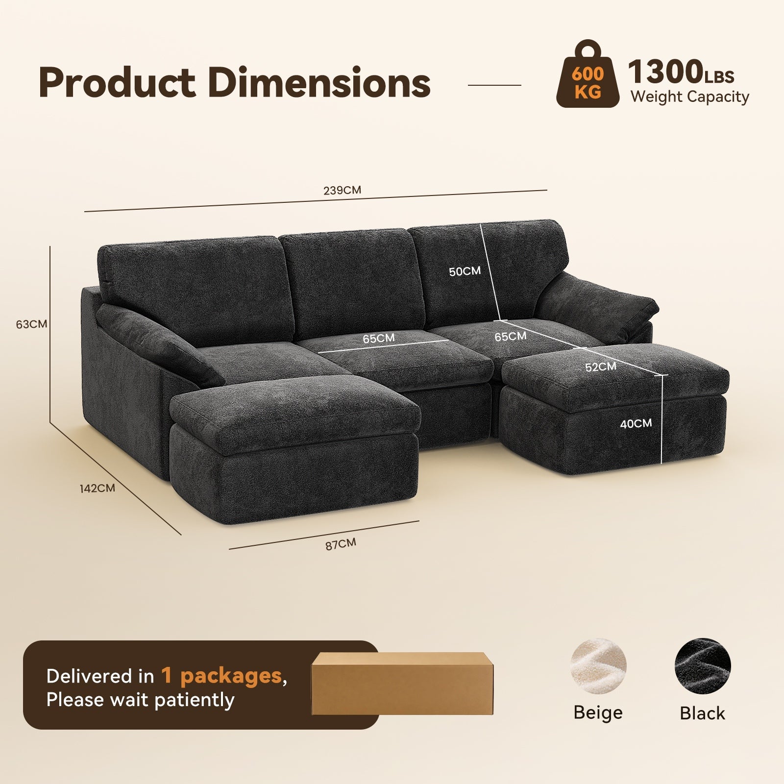 5-Sitzer U-Förmiges Ecksofa, Knochenlose Couch, Bequemes Modulares Sofa, Freie Kombination