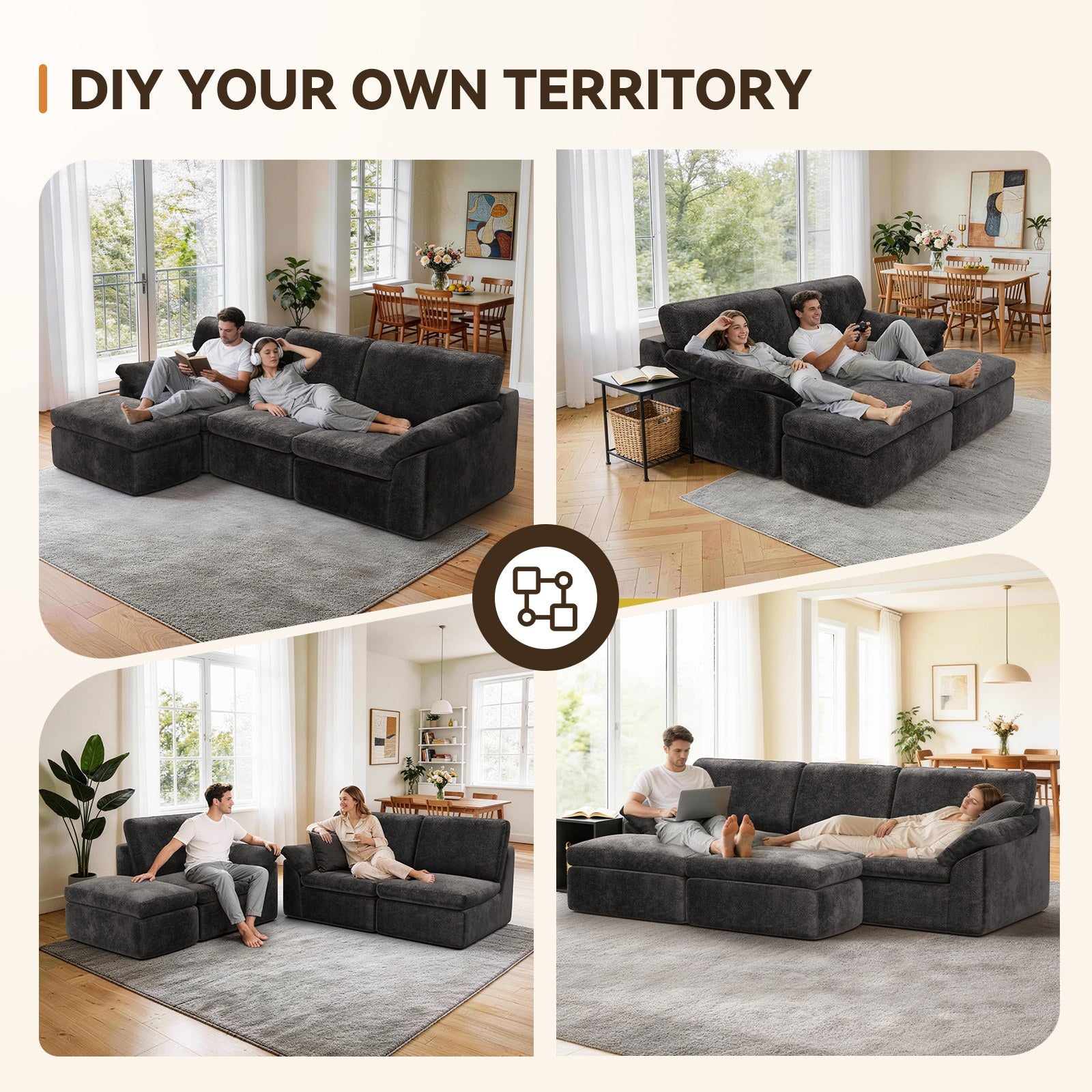 5-Sitzer U-Förmiges Ecksofa, Knochenlose Couch, Bequemes Modulares Sofa, Freie Kombination