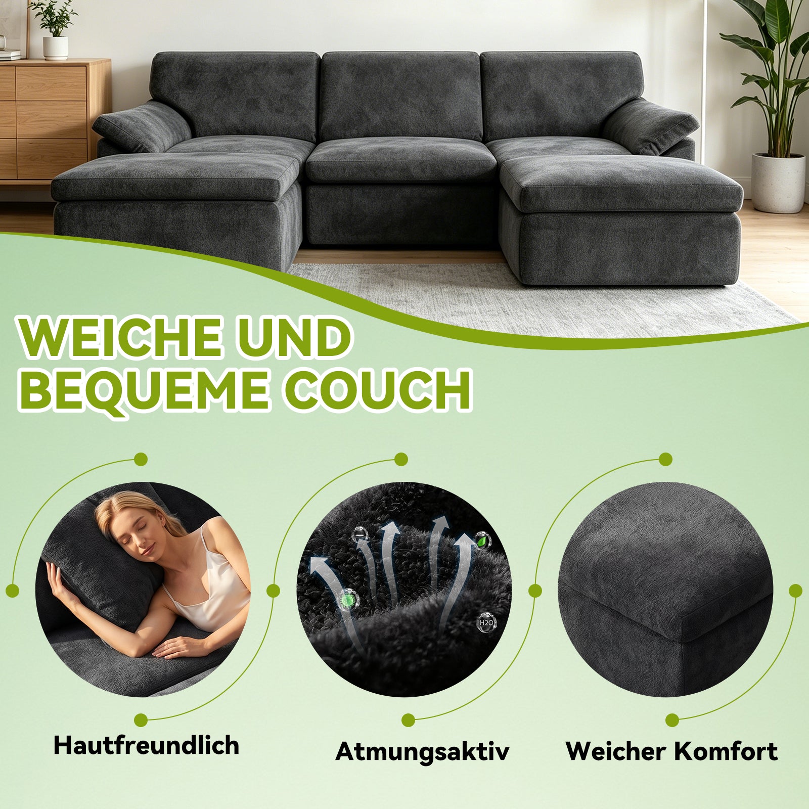 5-Sitzer U-Förmiges Ecksofa, Knochenlose Couch, Bequemes Modulares Sofa, Freie Kombination