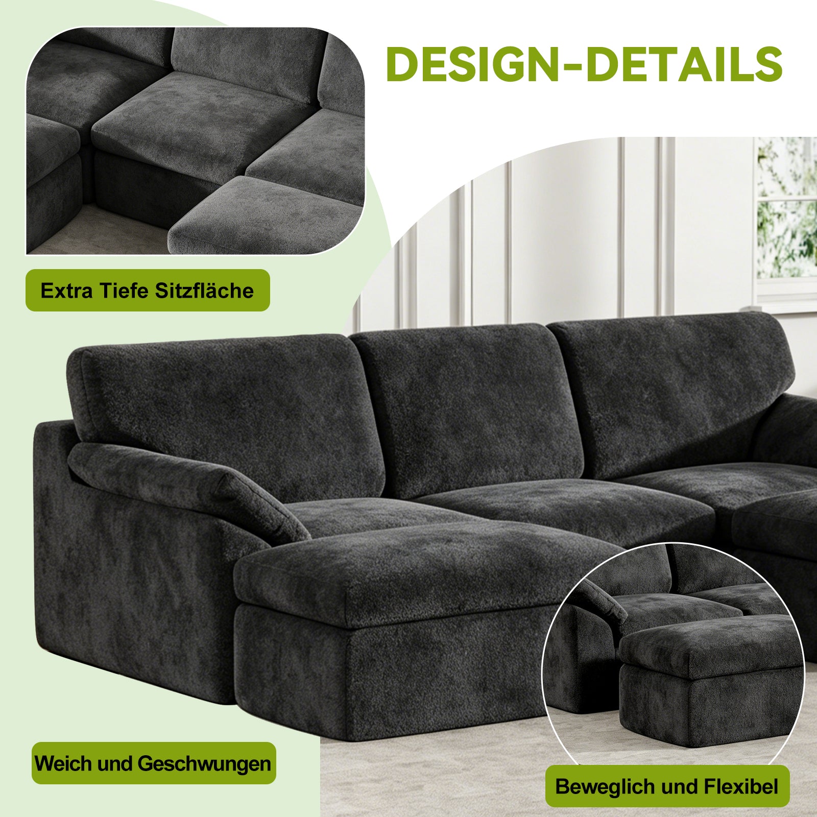 5-Sitzer U-Förmiges Ecksofa, Knochenlose Couch, Bequemes Modulares Sofa, Freie Kombination
