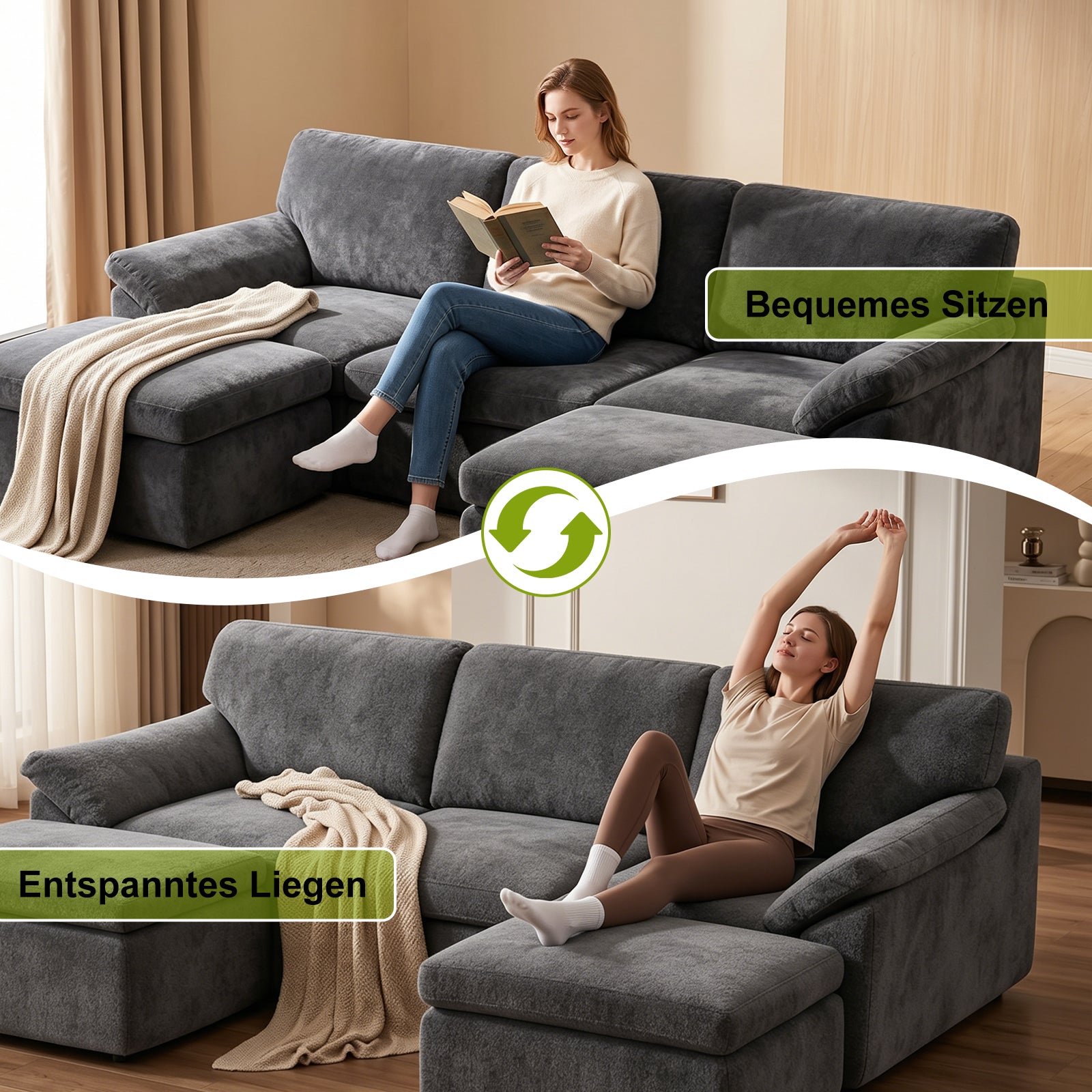 5-Sitzer U-Förmiges Ecksofa, Knochenlose Couch, Bequemes Modulares Sofa, Freie Kombination