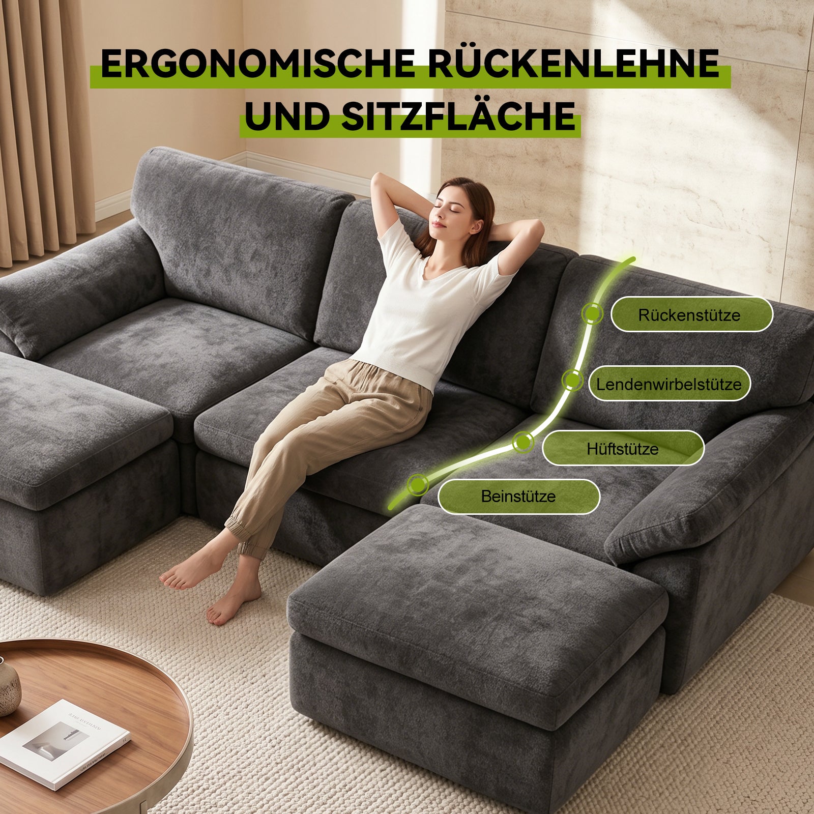 5-Sitzer U-Förmiges Ecksofa, Knochenlose Couch, Bequemes Modulares Sofa, Freie Kombination