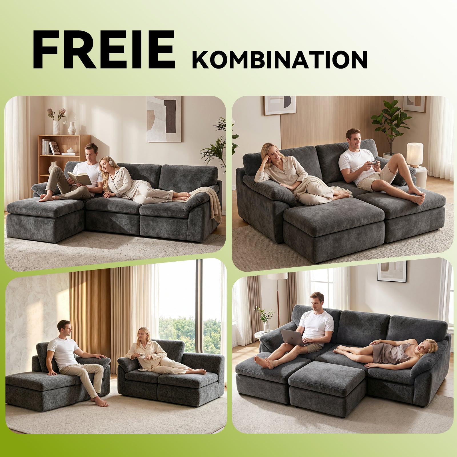 5-Sitzer U-Förmiges Ecksofa, Knochenlose Couch, Bequemes Modulares Sofa, Freie Kombination