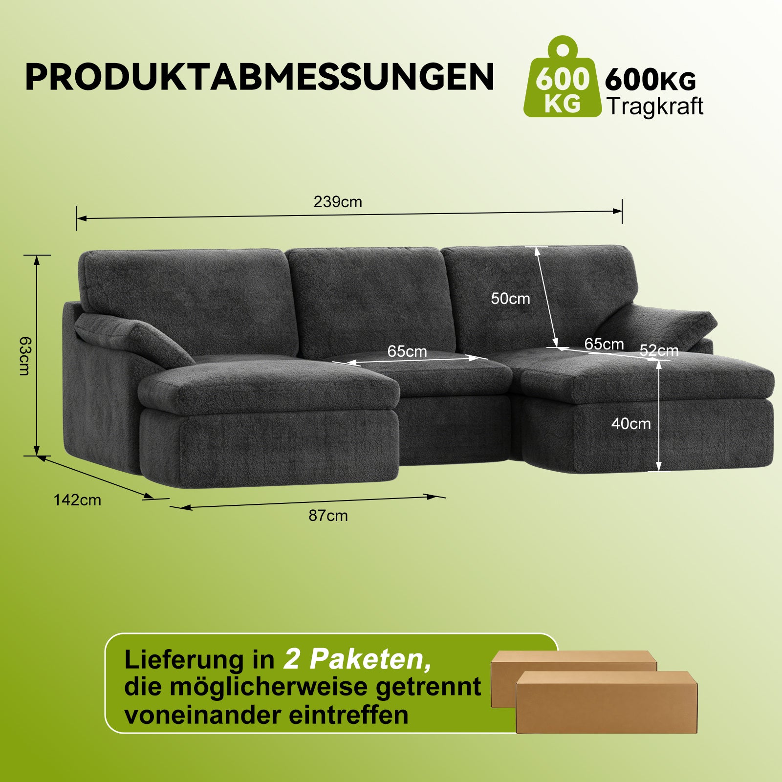 5-Sitzer U-Förmiges Ecksofa, Knochenlose Couch, Bequemes Modulares Sofa, Freie Kombination