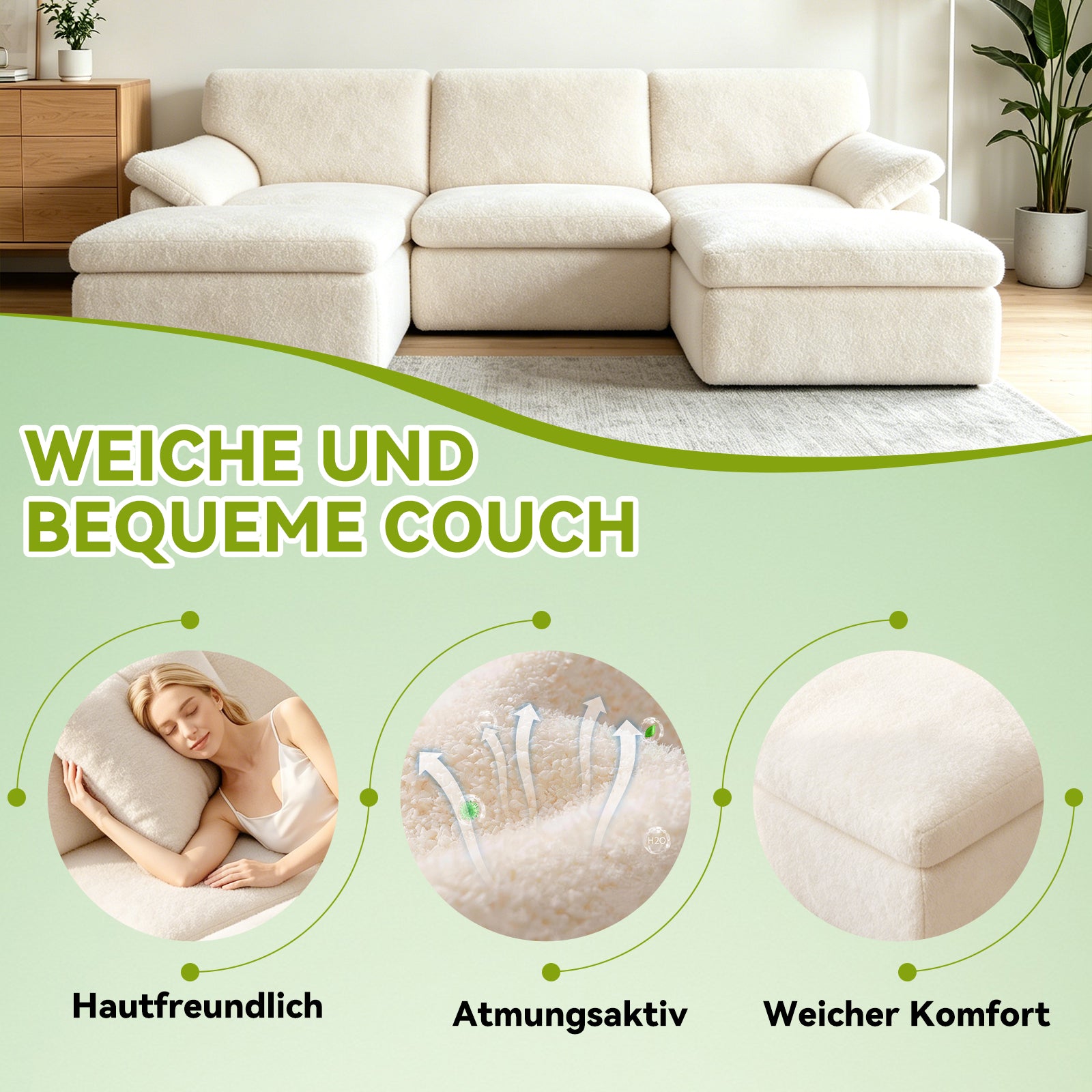 5-Sitzer U-Förmiges Ecksofa, Knochenlose Couch, Bequemes Modulares Sofa, Freie Kombination