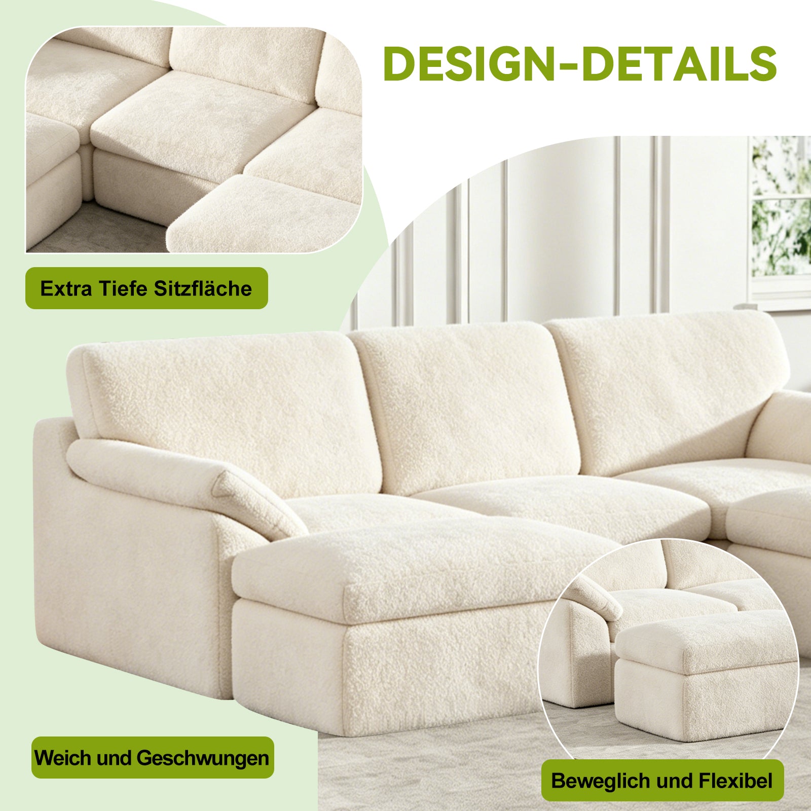 5-Sitzer U-Förmiges Ecksofa, Knochenlose Couch, Bequemes Modulares Sofa, Freie Kombination