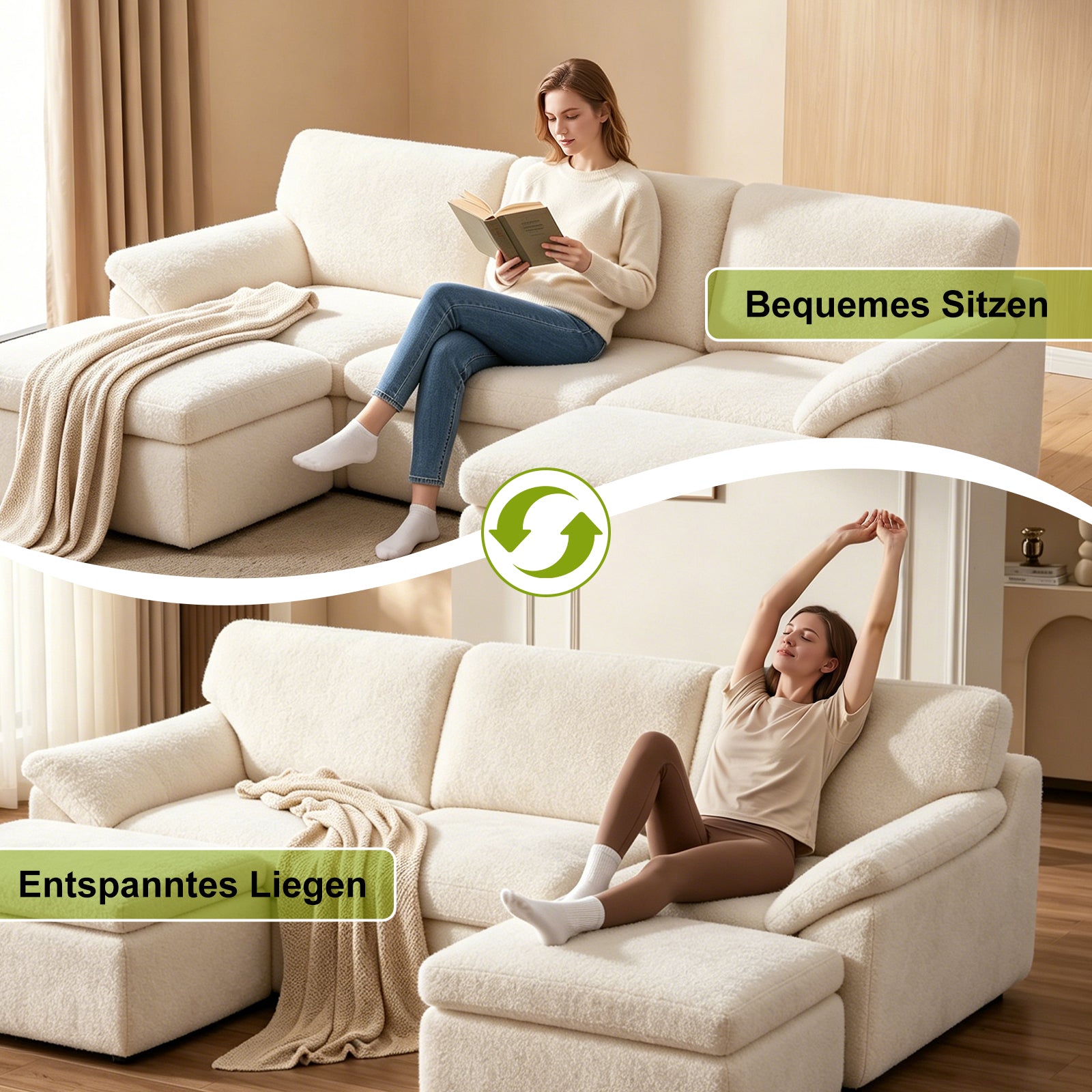 5-Sitzer U-Förmiges Ecksofa, Knochenlose Couch, Bequemes Modulares Sofa, Freie Kombination