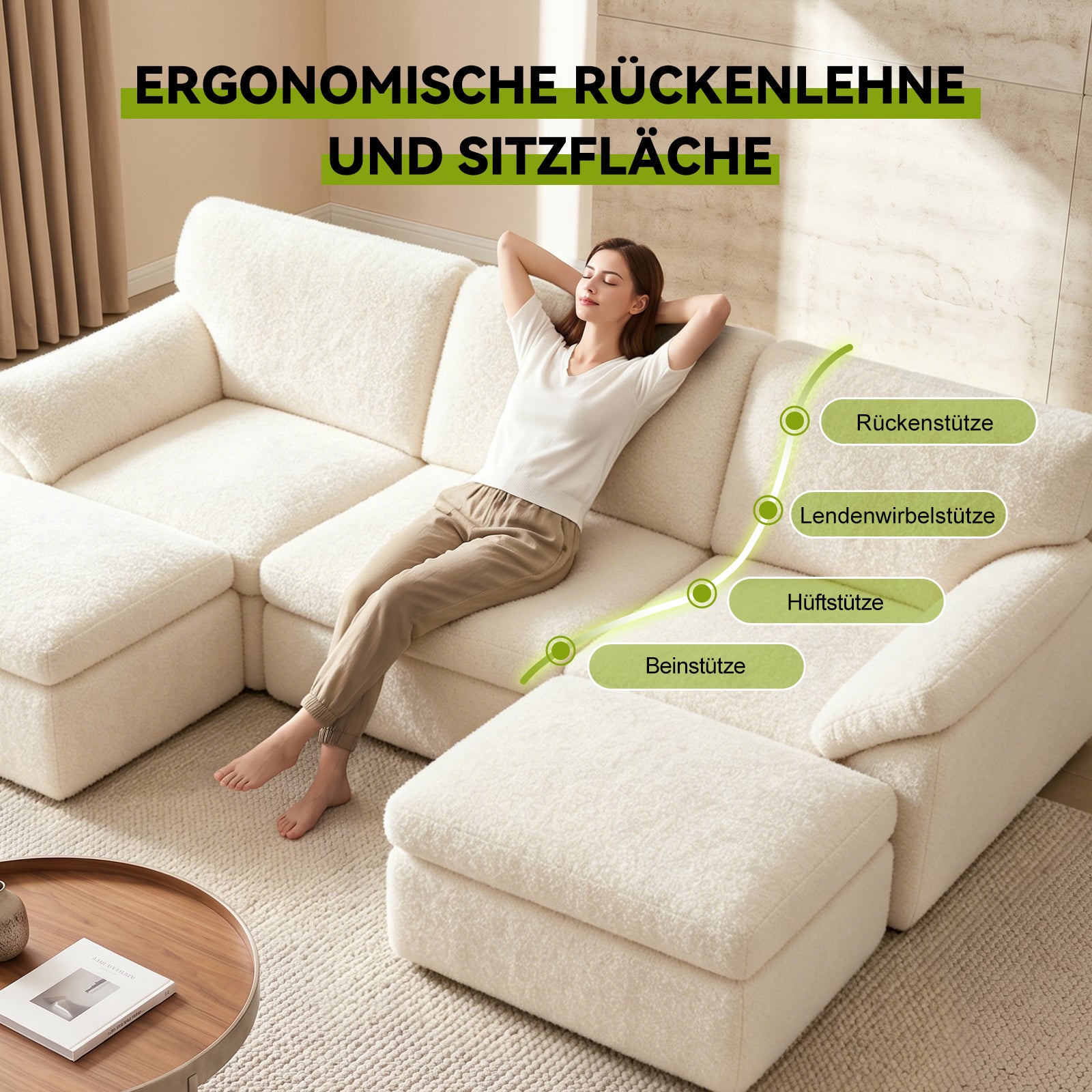 5-Sitzer U-Förmiges Ecksofa, Knochenlose Couch, Bequemes Modulares Sofa, Freie Kombination