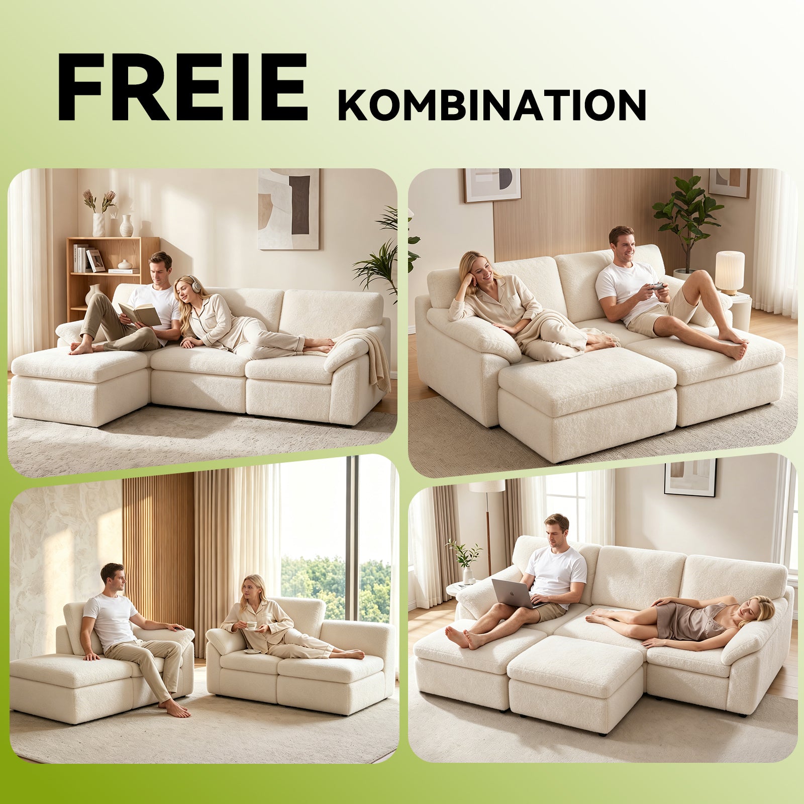 5-Sitzer U-Förmiges Ecksofa, Knochenlose Couch, Bequemes Modulares Sofa, Freie Kombination