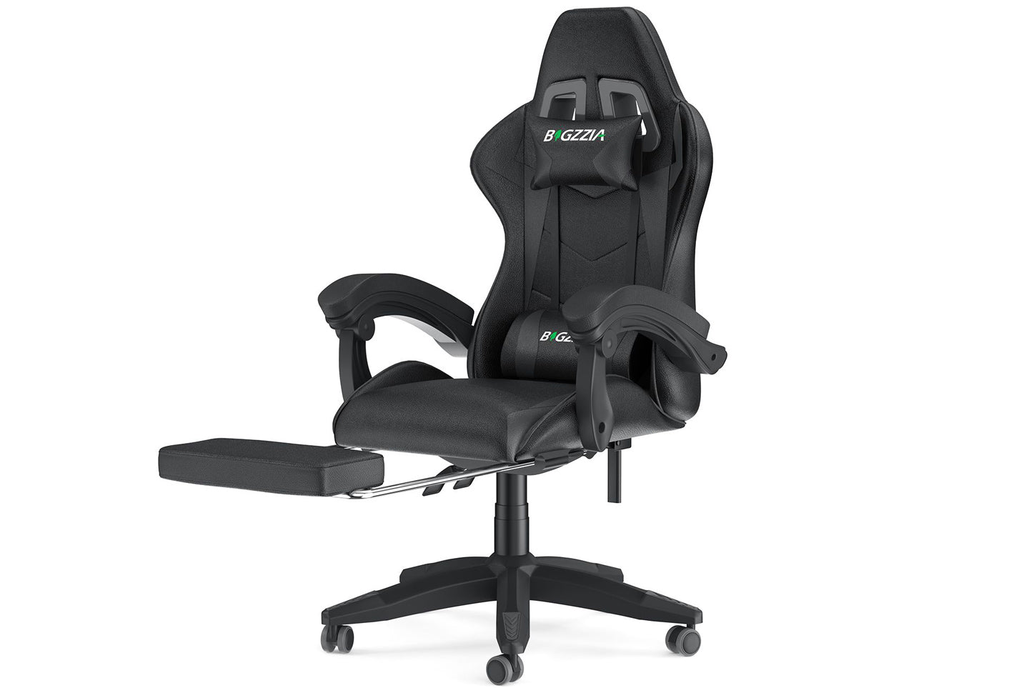 Ergonomischer Gaming Stuhl 155° Reclining Drehstuhl mit Kopfstütze, Lendenwirbelstütze PU Leder Bürostuhl