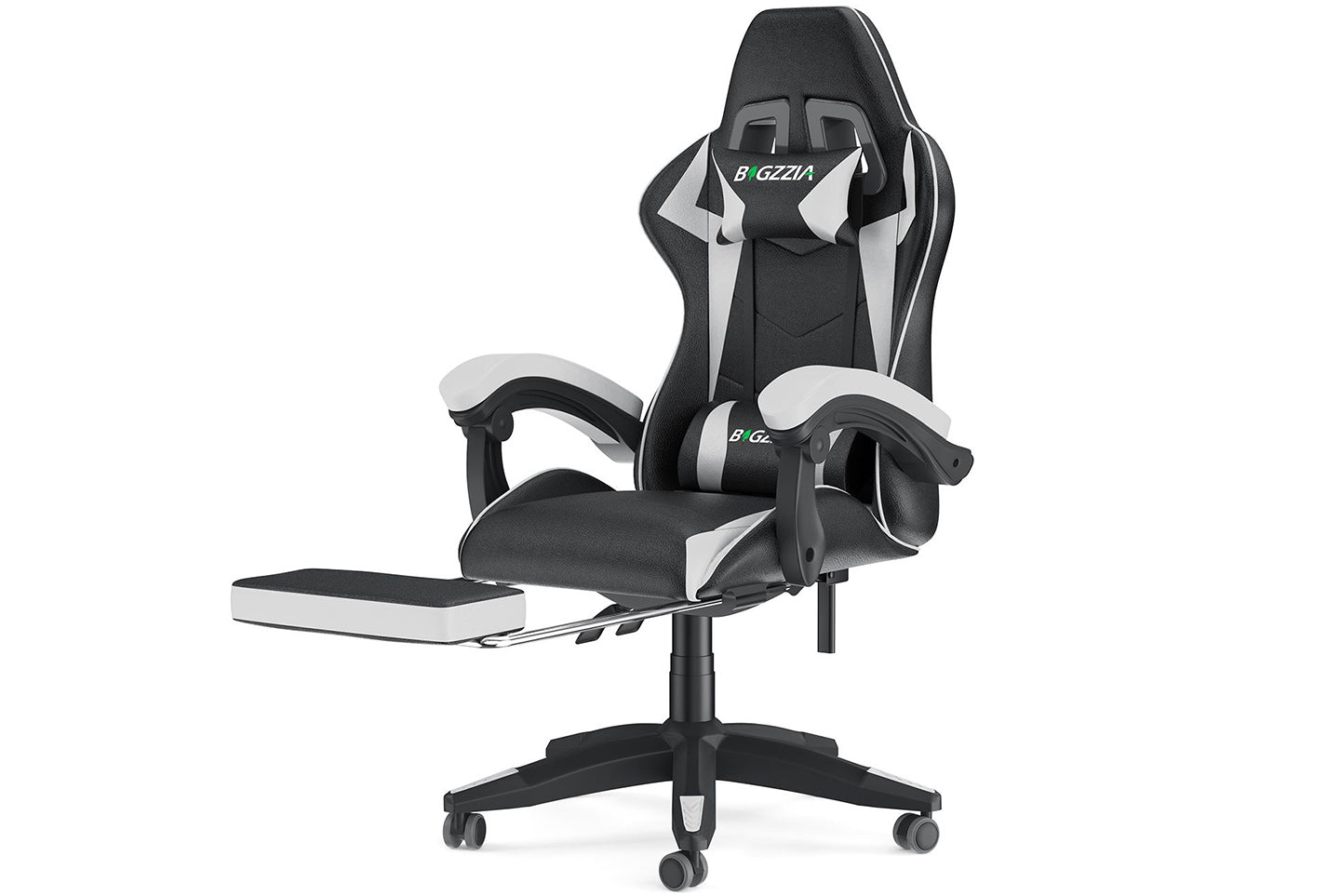 Ergonomischer Gaming Stuhl 155° Reclining Drehstuhl mit Kopfstütze, Lendenwirbelstütze PU Leder Bürostuhl